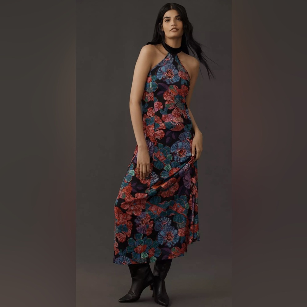 NWT Farm Rio for Anthropologie Sleeveless Halter Bow Floral Midi Dress Size M